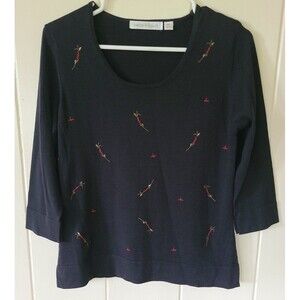 Bette & Court Womens Knit Top 3/4 Sleeve w Embroidered Flowers EUC Soft Black